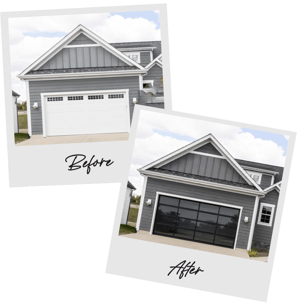 Before and after garage door transformation showing the same home with a new garage door